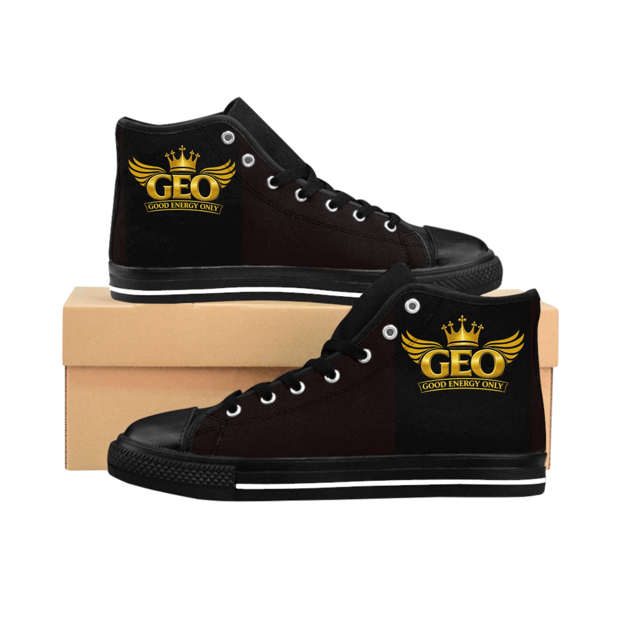 GEO Classic BLACK WHITE STRIPE WITH A GOLD STAMP. High-Top Sneakers — Gold Crown "GEO" Logo